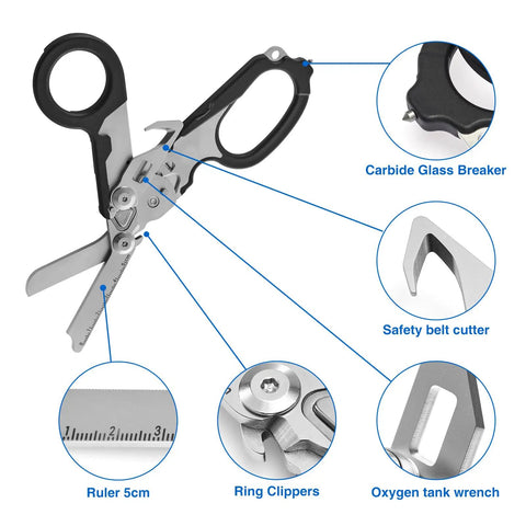 Prepper Grade Foldable 6 In 1 Trauma Shears Stainless Steel Emergency Response Scissors with features labeled