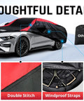 Ford Weatherproof Car Cover For All Weather Use With Red Stripe Design, showing details of straps, zipper, stitching, and storage bag.