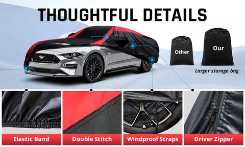 Ford Weatherproof Car Cover For All Weather Use With Red Stripe Design, showing details of straps, zipper, stitching, and storage bag.