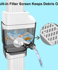 Universal Gutter Downspout Diverter With Built In Filter Screen White Fits 2x3 And Oversize 3x4 Downspouts Reversible Spout For Left Or Right Install Easy No Fuss Setup, white downspout filter screen with water flow and debris