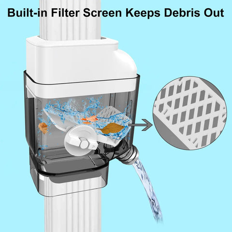 Universal Gutter Downspout Diverter With Built In Filter Screen White Fits 2x3 And Oversize 3x4 Downspouts Reversible Spout For Left Or Right Install Easy No Fuss Setup, white downspout filter screen with water flow and debris