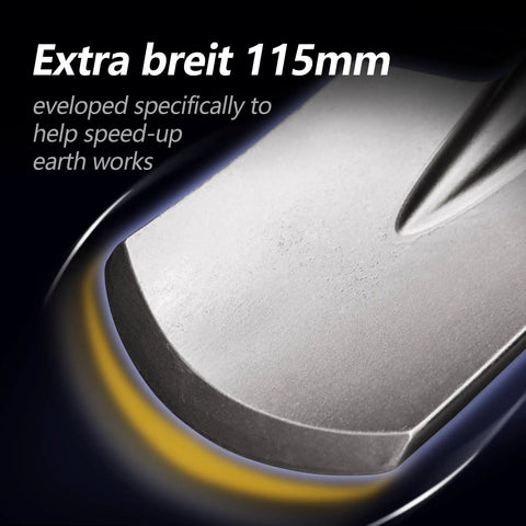 Close-up of SDS Max Clay Spade Chisel Bit 4.5 Inch By 18 Inch Steel Shovel Bit showing beveled edge for digging.