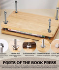 Wooden Book Press Kit For DIY Bookbinding 7.9 By 11.6 Inches showing parts like cover nut, wing nut, and bolts for assembly.