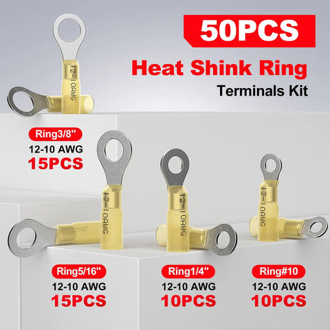 12 To 10 AWG Heat Shrink Ring Terminals Kit 50 Pcs Copper Battery Cable Lugs With Quarter Inch Five Sixteenths Inch And Three Eighths Inch Ends Yellow Marine Grade