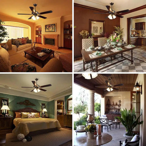 51 Inch Ceiling Fan With Light Kit And Remote in various room settings, farmhouse vibe, 5 blade copper motor, vintage look
