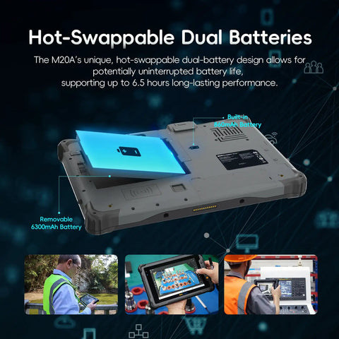 Rugged 12.2 Inch Windows 11 Pro Tablet Intel Core I5 16GB Ram 128GB IP65 Waterproof MIL STD 810H Drop Proof Dual Battery 4G LTE showing hot-swappable batteries.