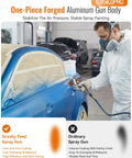 Precision HVLP Spray Gun For Auto Paint Jobs, Equipped With A WideTip Nozzle, used in vehicle painting for even coating.