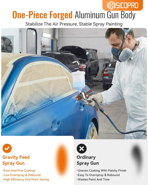 Precision HVLP Spray Gun For Auto Paint Jobs, Equipped With A WideTip Nozzle, used in vehicle painting for even coating.