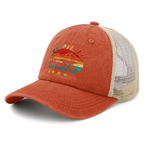 Funny RV Pilot Road Trip Hat For Outdoor Adventures, Camper Vacation Cap With Adjustable Strap, Bright Saffron Color