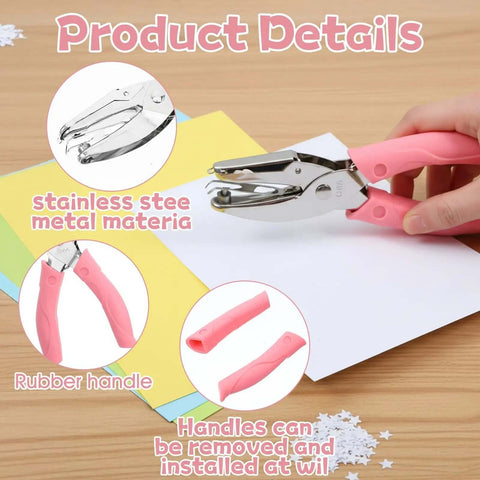 Pink Star Shaped Hole Puncher Five Millimeter With Rubber Grip Handle for crafting scrapbooking on colored paper with details
