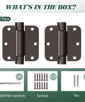 Oil Rubbed Bronze Self-Closing Door Hinge, Heavy-Duty 3.5 Inch Auto Closer With 3 1/2 Inch Spring Hinge, 5/8 Inch Radius Corner, 2 Pack shown with screws, hex wrench, and pins.
