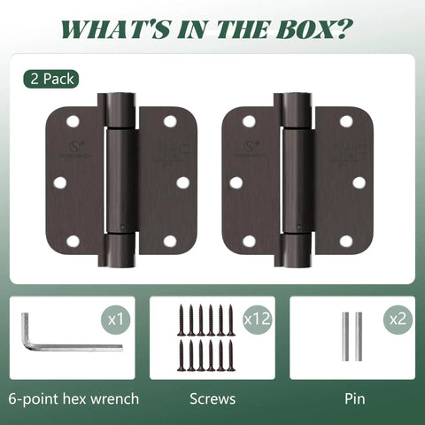 Oil Rubbed Bronze Self-Closing Door Hinge, Heavy-Duty 3.5 Inch Auto Closer With 3 1/2 Inch Spring Hinge, 5/8 Inch Radius Corner, 2 Pack shown with screws, hex wrench, and pins.