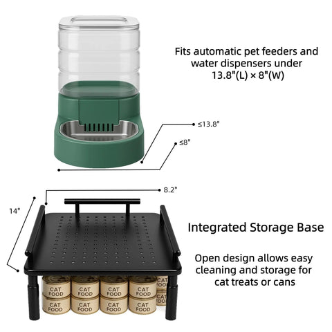 Built Tough Metal Elevated Pet Feeder Stand With Easy Adjust Height, Straight Up Sturdy Base Rack for auto dog water jugs and cat bowls. Size 14" x 9.25".