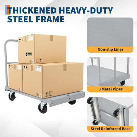 Heavy Duty Steel Panel Cart 36x24 Inch Platform Truck 2 In 1 Industrial Grade With 2200 Lbs Capacity Drywall Dolly Removable Side Rails And Swivel Wheels For Plywood Lumber loaded with boxes.