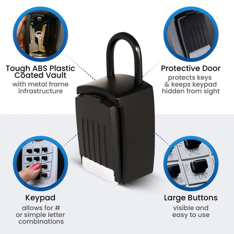 Outdoor Key Lock Box With Keypad Digital Push Button Combination Lock Portable Shackle Safe Box, black finish, detailed features