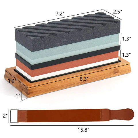 Go To Knife Sharpener Stone Set With Four Grit Waterstones 400 1000 3000 8000 Non Slip Bamboo Base Leather Razor Strop