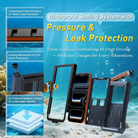 Dive Ready Waterproof Phone Case For Snorkeling And Deep Sea Fun, 30M Full Depth Touchscreen Shield For iPhone 17 16 15 Pro Max And Galaxy S26 S25 Ultra, IP68 Beach Cruise Essential Blue, modular design showcase.
