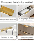 Gold Adhesive Edge Finger Pulls For Cabinets 5 Pack With Screws And Tape Flat Hidden Bar Pulls For Concealed Drawers No Drill Required 3.15 Inch Length Hidden Finger Edge Pulls For Cabinets Easy Installation showing step-by-step installation process