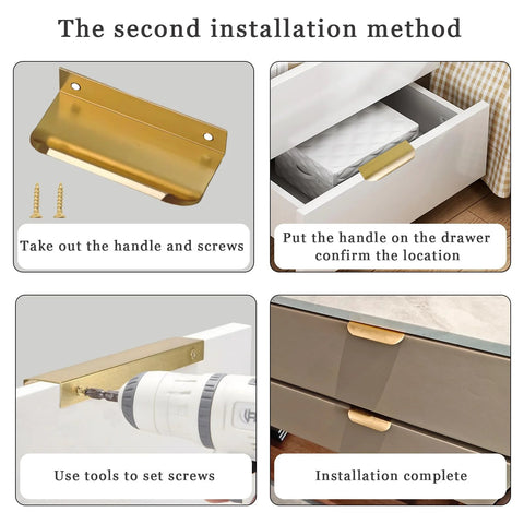 Gold Adhesive Edge Finger Pulls For Cabinets 5 Pack With Screws And Tape Flat Hidden Bar Pulls For Concealed Drawers No Drill Required 3.15 Inch Length Hidden Finger Edge Pulls For Cabinets Easy Installation showing step-by-step installation process