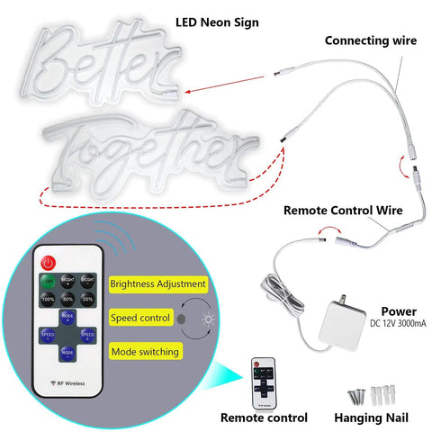 Better Together Neon Sign With Remote, Large Two Part Wedding Decor Kit, 24x10 Inch And 17x9 Inch Panels, Power Adapter Included