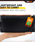 Upgrade To The Latest Antive Electric Scissors For Fabric And Cordless Cardboard Cutter With 2 Heads, Featuring A Safety Lock Button And Tungsten Steel Blades For Smooth, Effortless Cutting. Perfect For Diy Projects. storage bag shown in hand for easy carrying.