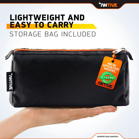 Upgrade To The Latest Antive Electric Scissors For Fabric And Cordless Cardboard Cutter With 2 Heads, Featuring A Safety Lock Button And Tungsten Steel Blades For Smooth, Effortless Cutting. Perfect For Diy Projects. storage bag shown in hand for easy carrying.