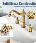 8 Inch Widespread Bathroom Sink Faucet With 3 Hole Deck Mount Vanity Mixer Tap Pop Up Drain Antique Brass Double Lever Handle All Metal Brass Construction Rustproof And Easy To Install, shown on a white sink.
