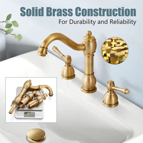 8 Inch Widespread Bathroom Sink Faucet With 3 Hole Deck Mount Vanity Mixer Tap Pop Up Drain Antique Brass Double Lever Handle All Metal Brass Construction Rustproof And Easy To Install, shown on a white sink.