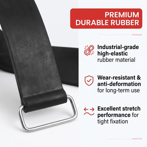 Close-up of Tough As Nails 2 Pack Motorcycle Battery Strap made of durable industrial-grade rubber with a metal buckle.