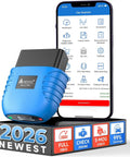 Bluetooth OBD2 Scanner For Cars, Easy Plug In Check Engine Light Reader With Live Data And Performance Tests, displayed next to smartphone app interface.