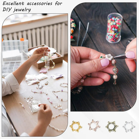 Hands using 50 Pack Mini Crown Charms For DIY Jewelry Making with mixed color vintage 3D alloy king crowns in a craft project.