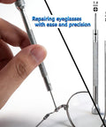 Close-up of a precision screwdriver from the Compact Eyeglass Repair Kit With Precision Screwdriver And Tweezers For Glasses.