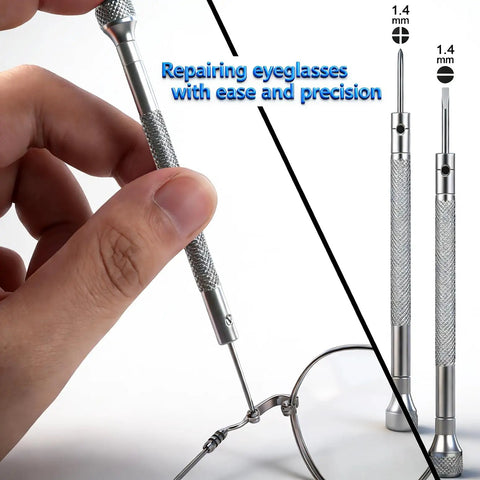 Close-up of a precision screwdriver from the Compact Eyeglass Repair Kit With Precision Screwdriver And Tweezers For Glasses.