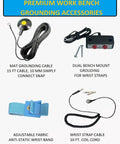 Groundhug ESD anti-static mat kit, gray 2' x 10', with wrist strap, grounding cable, and dual bench grounding.