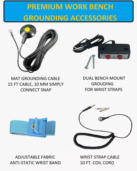 Groundhug ESD anti-static mat kit, gray 2' x 10', with wrist strap, grounding cable, and dual bench grounding.