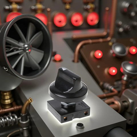 Compact Black Rotary Switch With Knob For Heavy Duty Dual Voltage 13A At 125V And 10A At 250V Four Position And Three Speed Settings Universal Speed Selector For Heaters And Industrial Gear, shown on industrial panel.