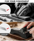 Chisel Sharpening Jig And Honing Guide For Woodworking Chisels And Planes With Pro Grade Angle Control Laser Gauge From 10 To 45 Degrees CNC Machined Jaws For 0.05 Degree Bevel Replication Fits 0.1 To 2.8 Inch Blades Black, showing before and after sharpening process
