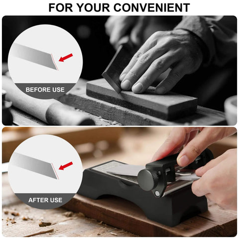 Chisel Sharpening Jig And Honing Guide For Woodworking Chisels And Planes With Pro Grade Angle Control Laser Gauge From 10 To 45 Degrees CNC Machined Jaws For 0.05 Degree Bevel Replication Fits 0.1 To 2.8 Inch Blades Black, showing before and after sharpening process