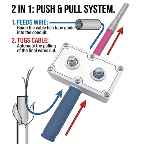 Heavy Duty Handheld Drill Powered Wire Puller, A Killer Tool For Professional Electricians, Automatic Cable Tugger For Sneaky Conduit And Wall Pulling Jobs, 2-in-1 push and pull system with cable guide.