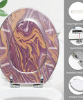 Slow Close Elongated Toilet Seat for Bathroom with a colorful marbled design and stainless steel hinges, installed on a toilet.