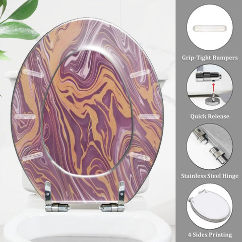 Slow Close Elongated Toilet Seat for Bathroom with a colorful marbled design and stainless steel hinges, installed on a toilet.