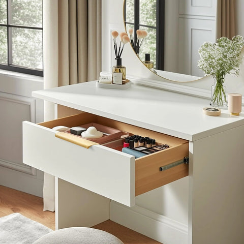 Open drawer with makeup and Gold Edge Finger Pulls For Cabinets 6 Inch Set Of 10 Aluminum Concealed Tab Drawer Handles Brushed Brass Finish