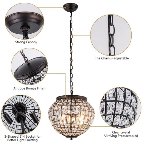 14 inch Crystal Pendant Light, 2-Light Antique Bronze Small Chandelier with adjustable chain and clear crystal globe design.