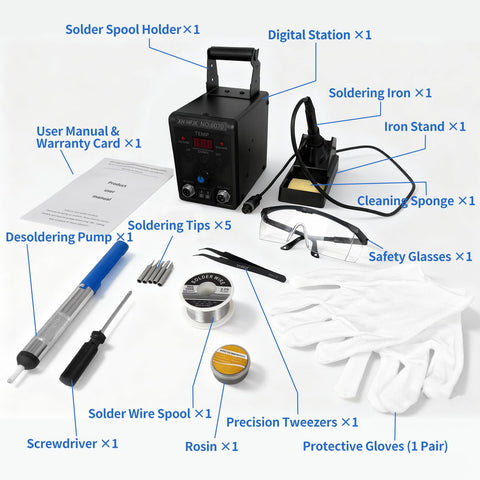 60W Soldering Station With Fast Heat Iron, 1 Degree Temperature Accuracy, Celsius Fahrenheit Switch, LCD Display shown with tools