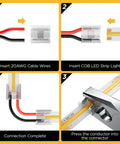 20 Pack Dope COB LED Connector 0.31in 8mm 2 Pin Transparent, 6.6ft 20AWG Extension Wires For Gapless Solderless PWM Single-Color LED Strip, Easy Press-Fit, Clear Housing, Stable Contact, Ideal For Accent Lighting. Step-by-step 8mm COB LED connector install