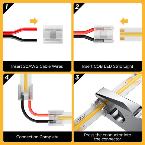 20 Pack Dope COB LED Connector 0.31in 8mm 2 Pin Transparent, 6.6ft 20AWG Extension Wires For Gapless Solderless PWM Single-Color LED Strip, Easy Press-Fit, Clear Housing, Stable Contact, Ideal For Accent Lighting. Step-by-step 8mm COB LED connector install