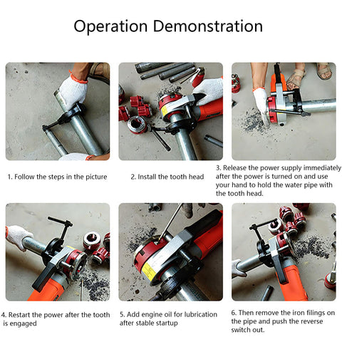 Operation demonstration of No Sweat Electric Pipe Threader 2300W Handheld Threading Machine, showing steps for installation and use.