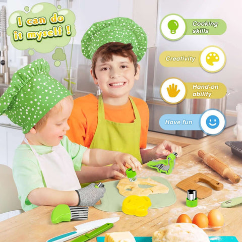 HAIMST kids kitchen knife set, 15-piece with green plastic tools and wooden safe knife, front view