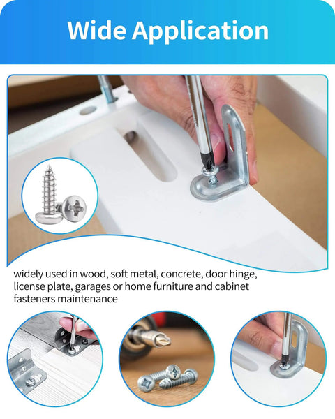 Stainless Steel Wood Screws Kit 500 Piece Assortment With 18 Common Sizes For Woodworking Including Phillips Pan Head Self Tapping Screws In 304 Grade For DIY Projects used in furniture assembly.