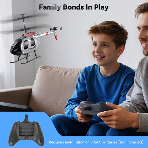 Beginner Friendly RC Helicopter With Auto Hover And Altitude Hold in flight, boy playing indoors with remote control.